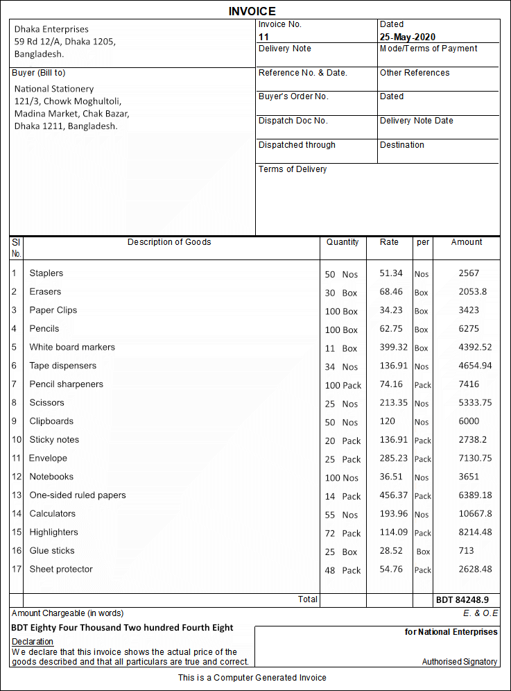 Standard format of an invoice