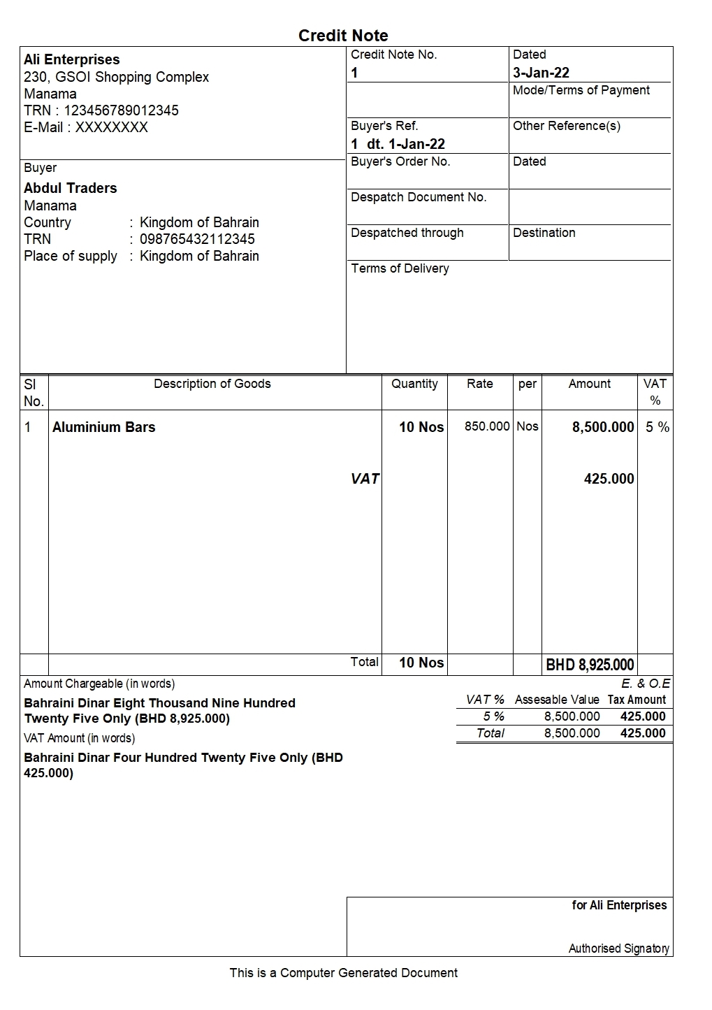 Credit Note Under Bahrain VAT How It Works With Example TallySolutions