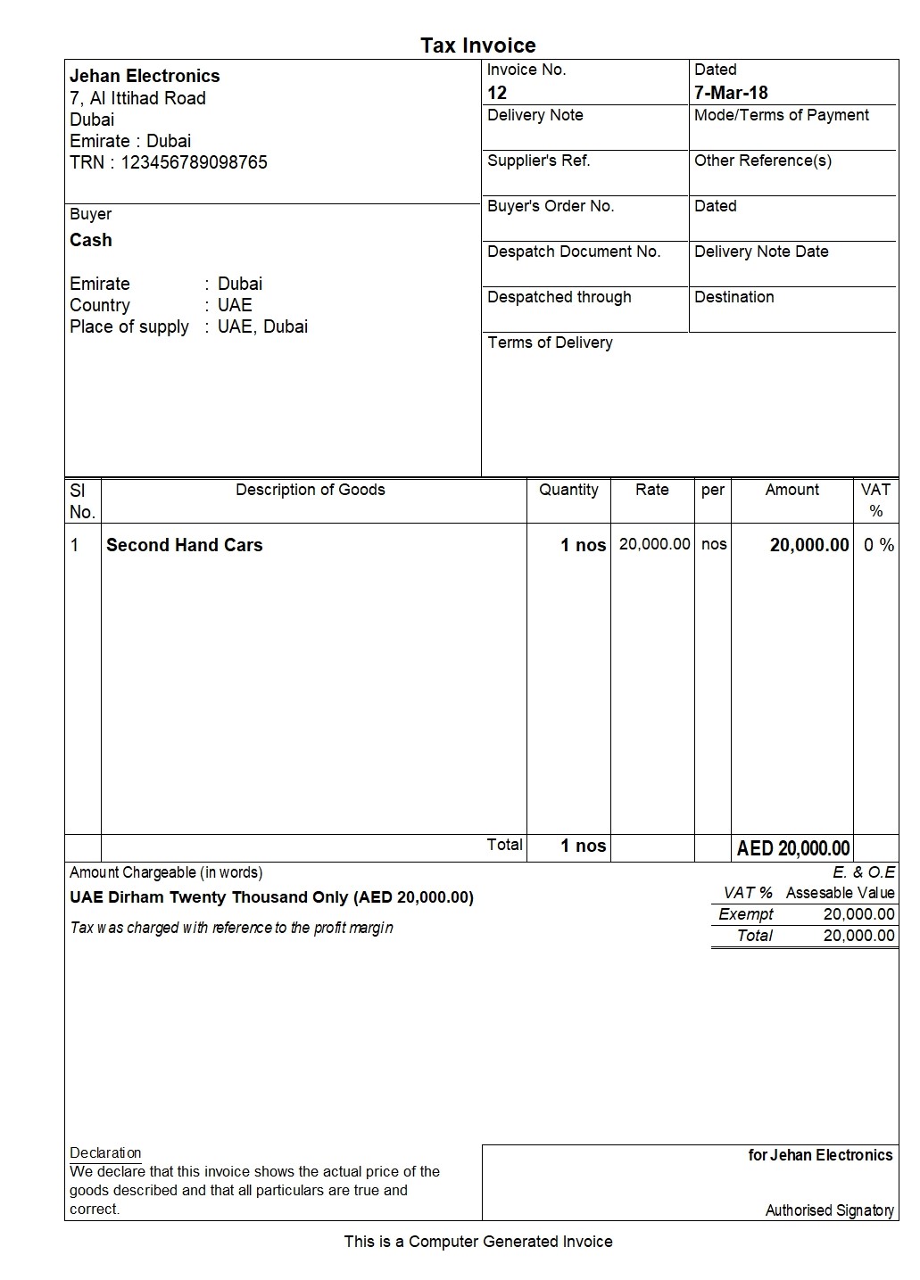 simplified tax invoice UAE