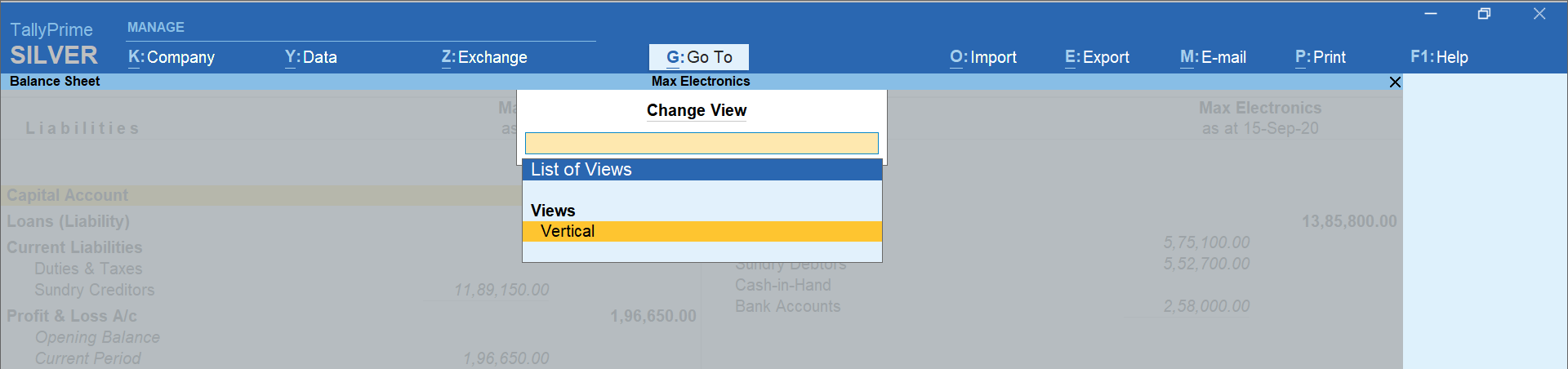 horizontal view to vertical view option in TallyPrime