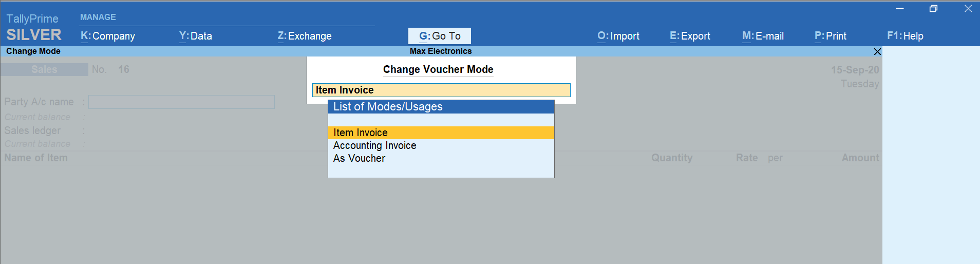 Multiple billing mode in TallyPrime