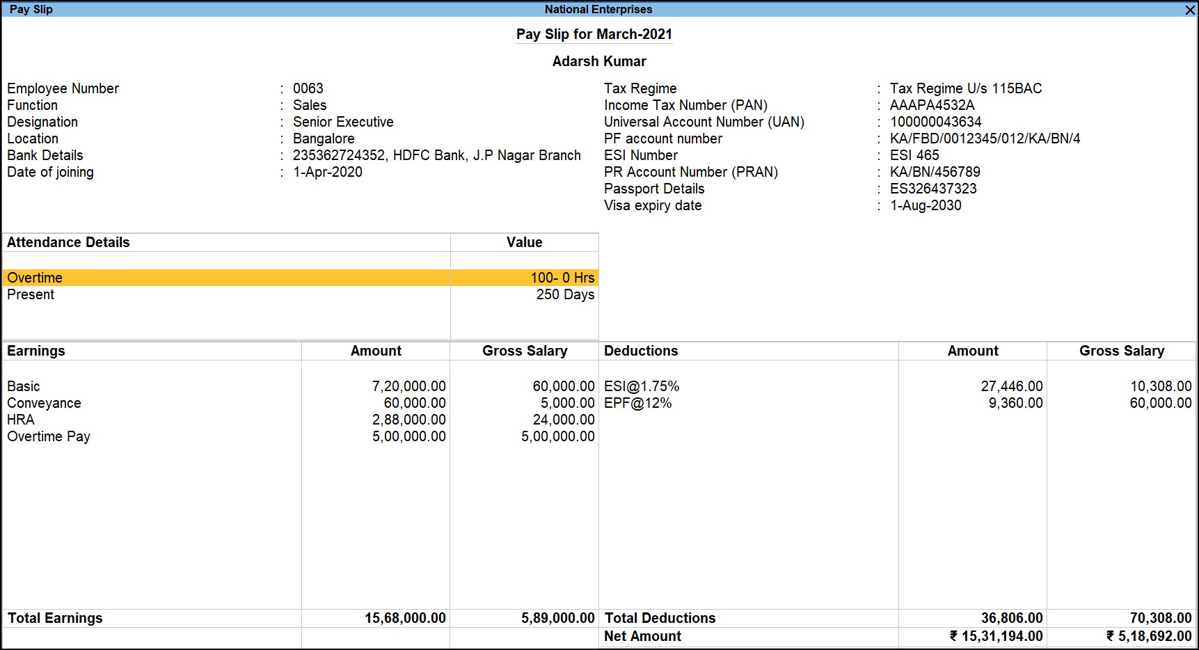 Single payslip in TallyPrime payroll & HR software