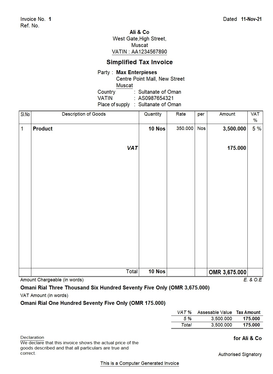 simplified tax invoice in oman