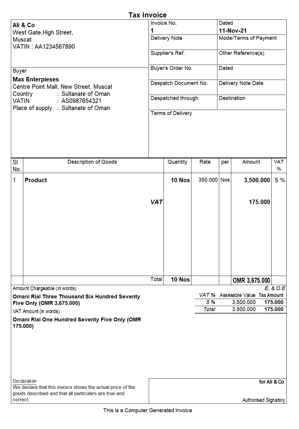 tax invoice format 1 in tallyprime