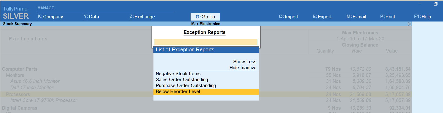 Exception reports in tallyprime