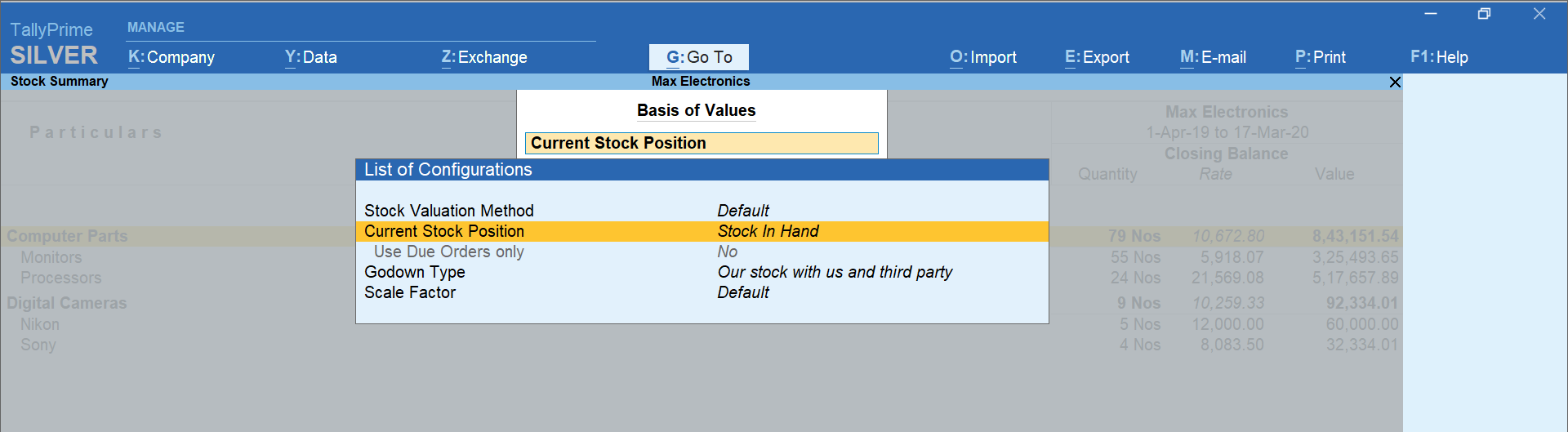 Basis of values option in TallyPrime