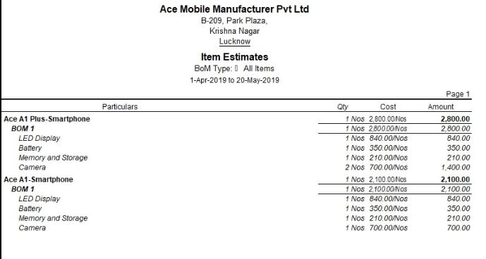 Automated Cost Estimation Report generated using Bill of Material in Tally.ERP 9