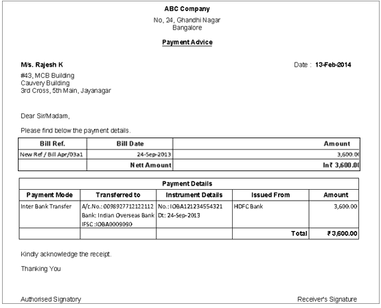 sample payment advice format