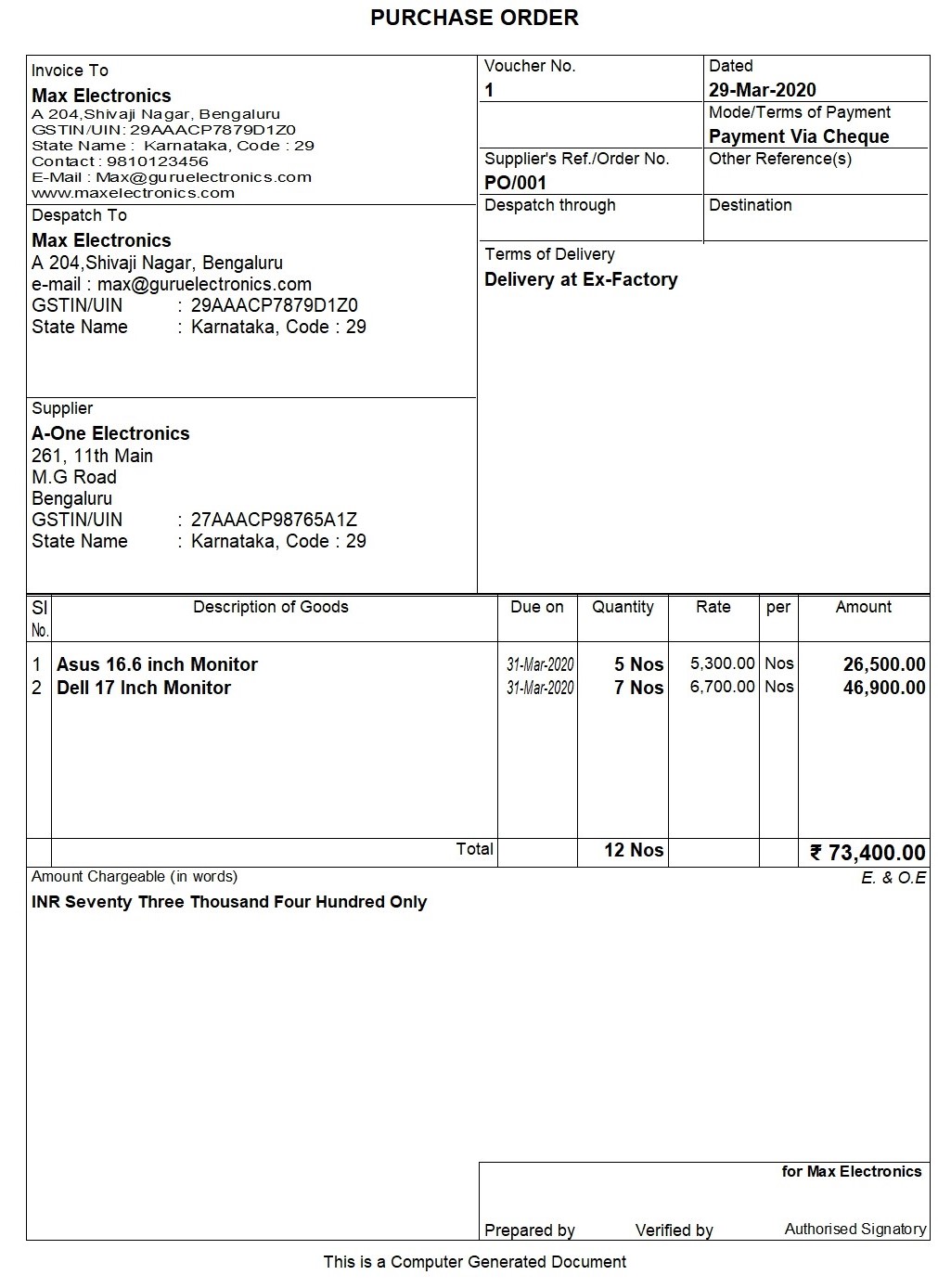 Sample purchase order format