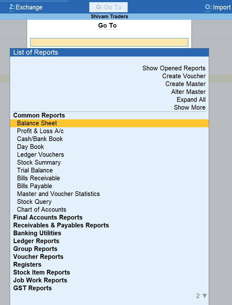 Financial reports in Tally