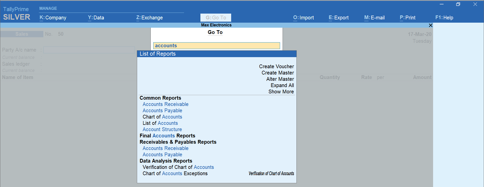 Reports through TallyPrime’s “Go To”