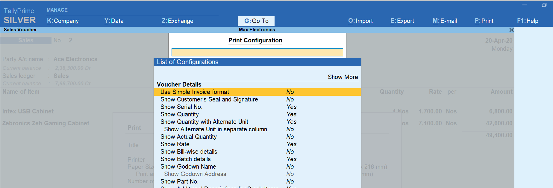 invoice configurations and options in TallyPrime