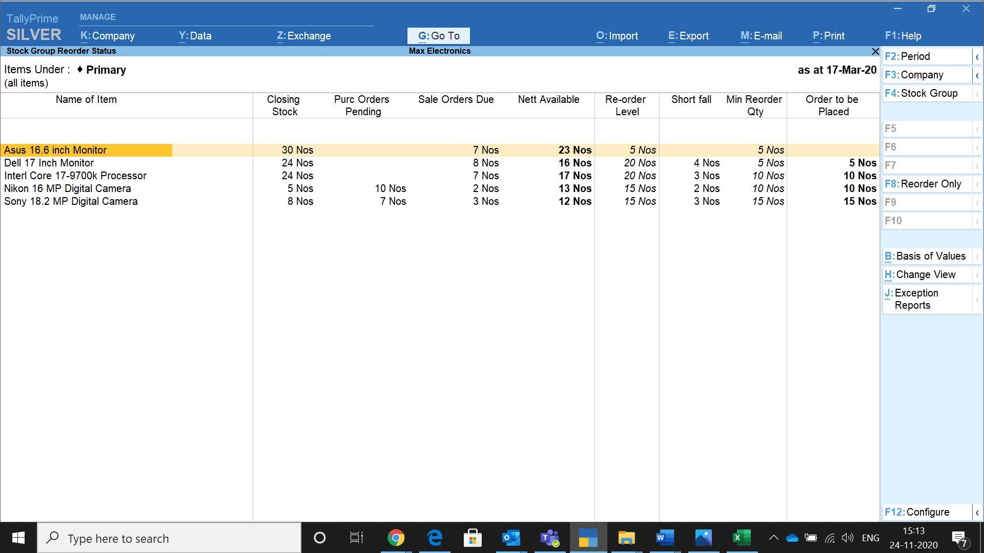 Maintain reorder levels in TallyPrime