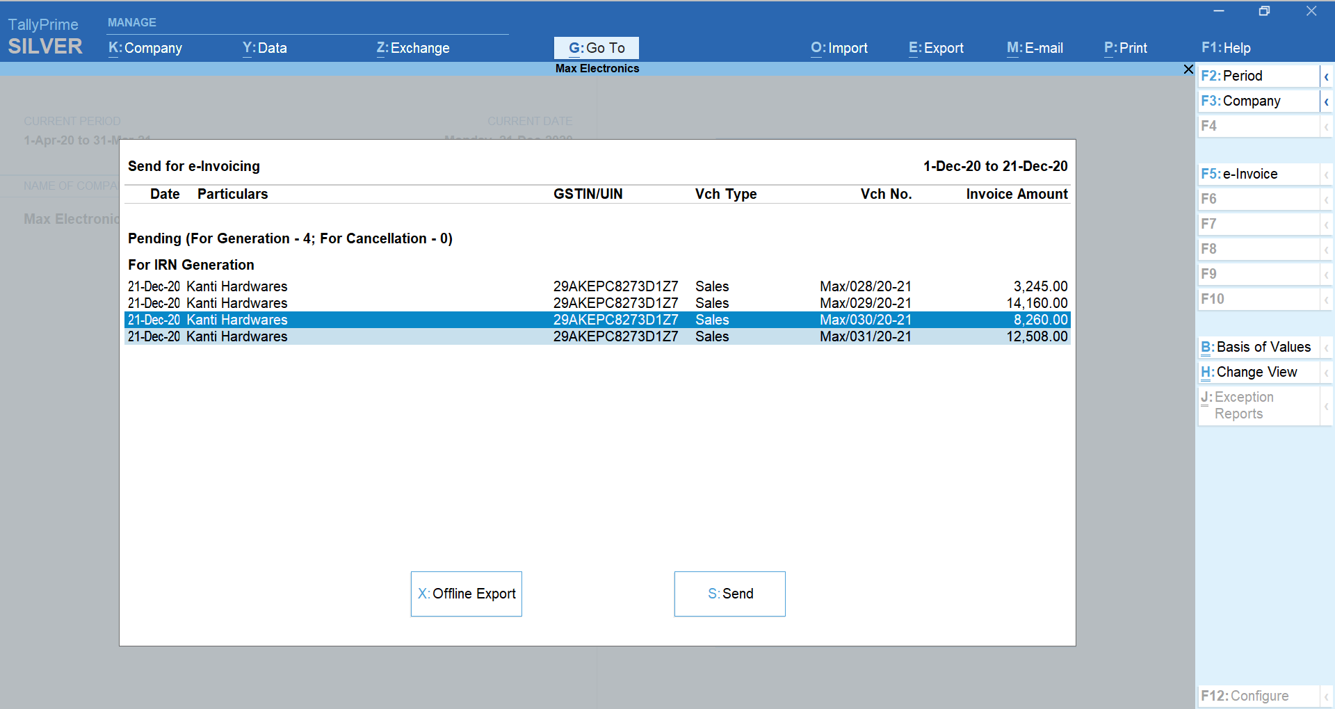 Generating bulk e-invoice in TallyPrime