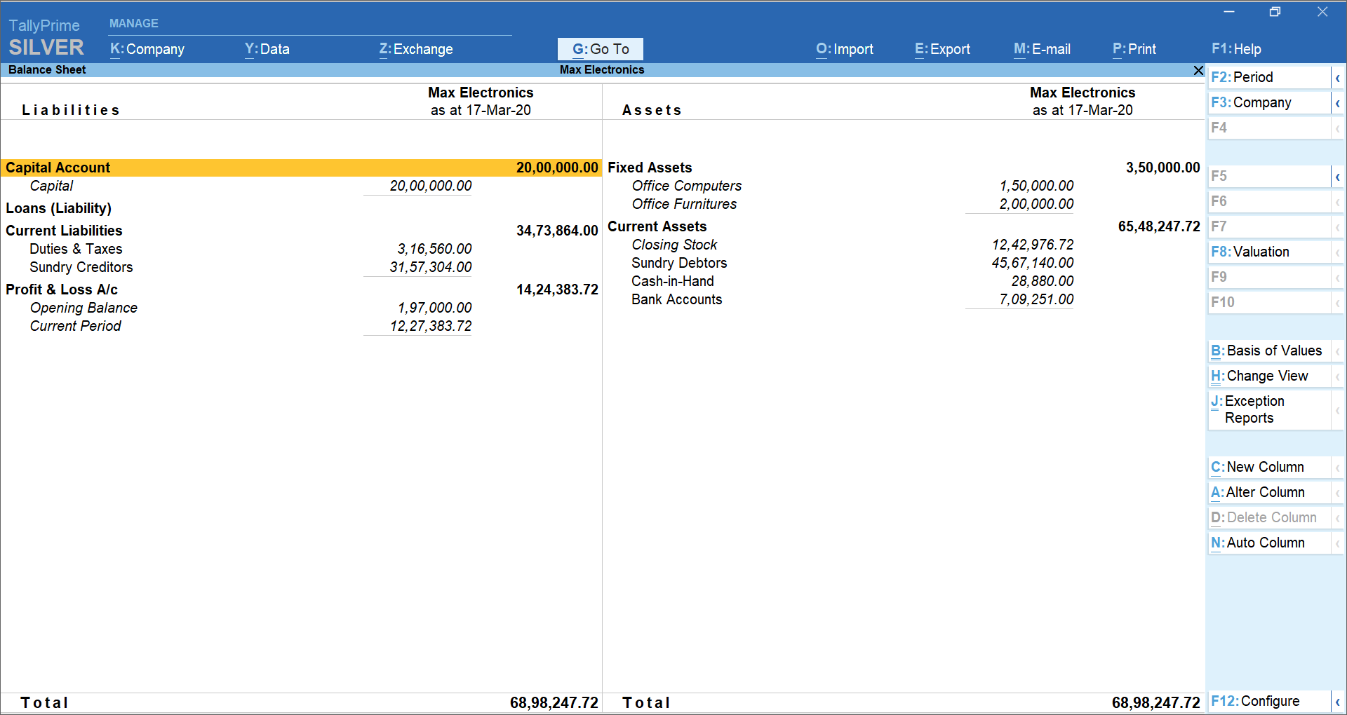 T’ format of balance sheet generated in TallyPrime