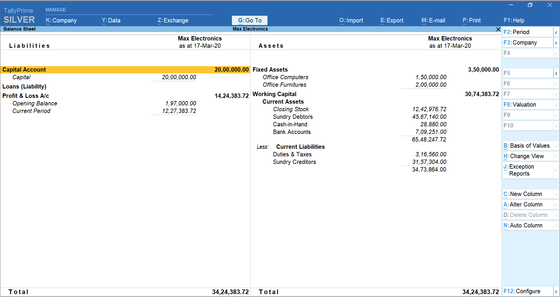 Balance sheet representing working capital in TallyPrime