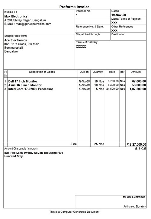 Sample of Proforma Invoice generated using TallyPrime