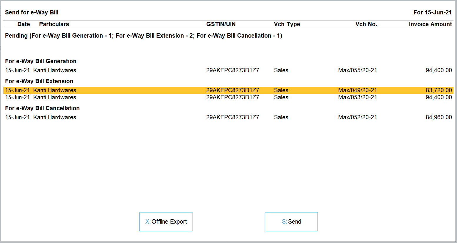 cancel and extend e-way bill in TallyPrime