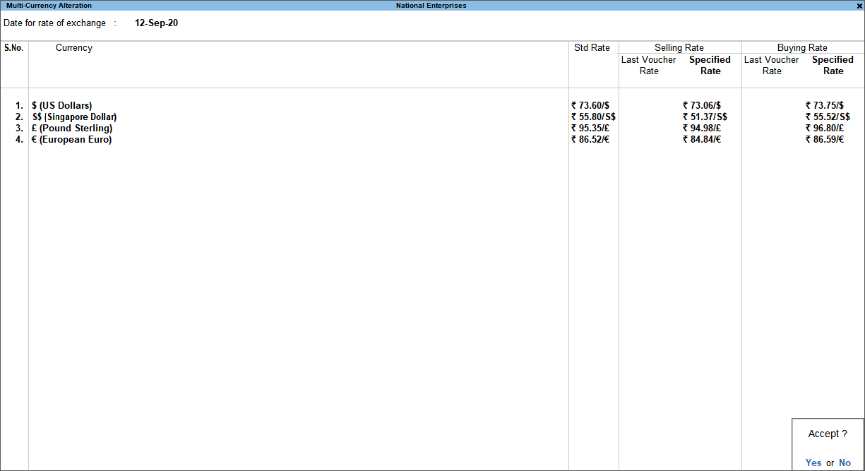 How to view rate of exchange for currency in TallyPrime