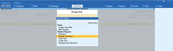 Change view option in TallyPrime business report
