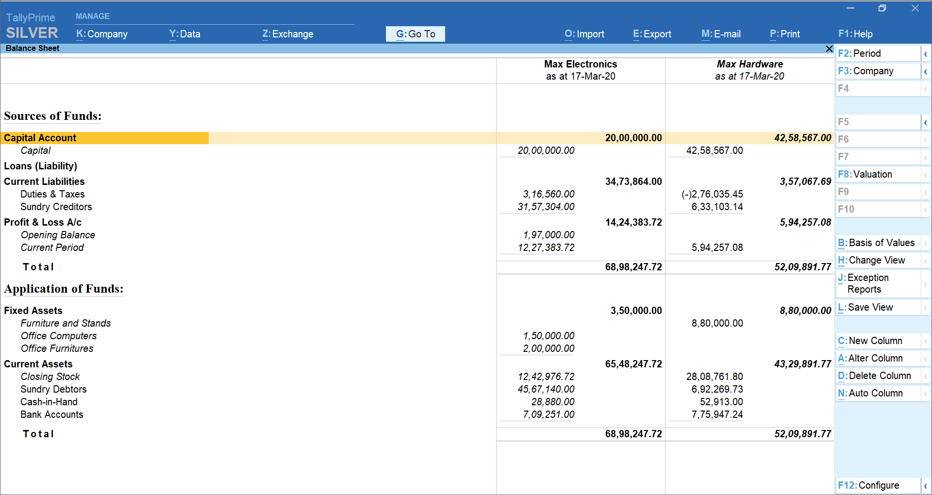 Comparative balance sheet in TallyPrime