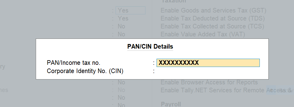 Configure company pan in TallyPrime