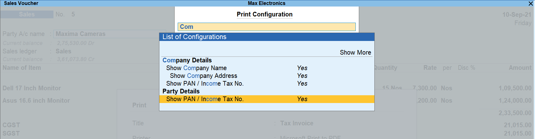 Printing PAN on invoices