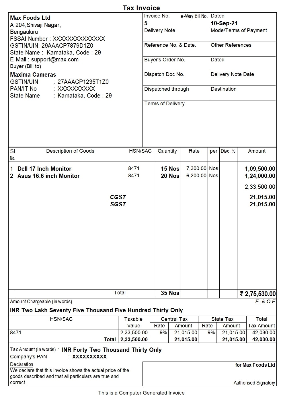 sales invoice with PAN on Tallyprime