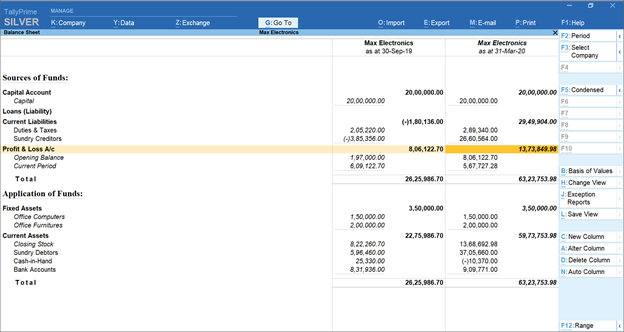 Half-yearly Comparative balance sheet in TallyPrime