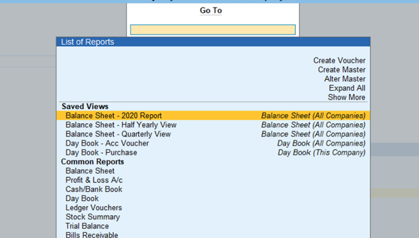 List of views saved in Tally report