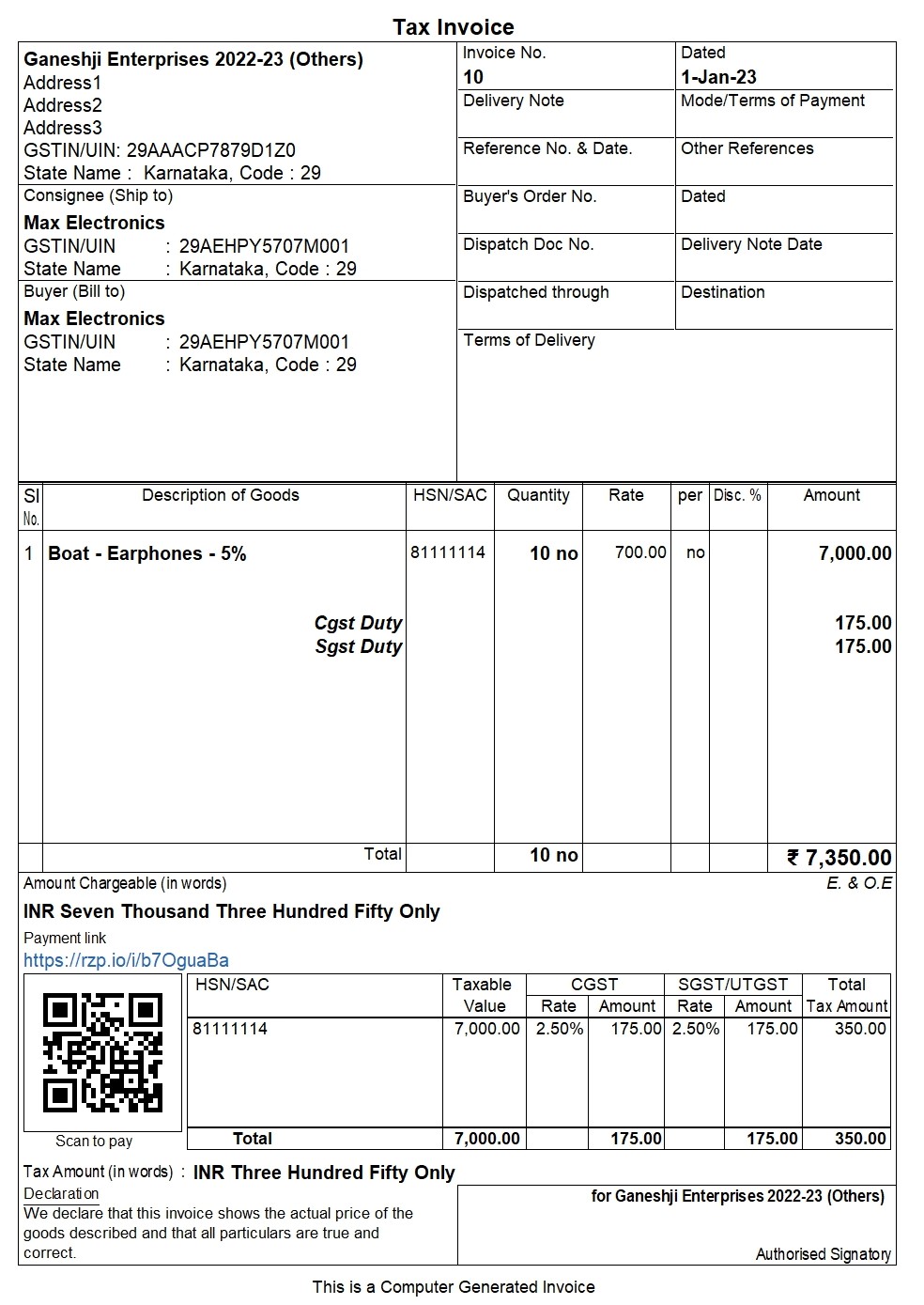 Invoice with payment code and link in TallyPrime