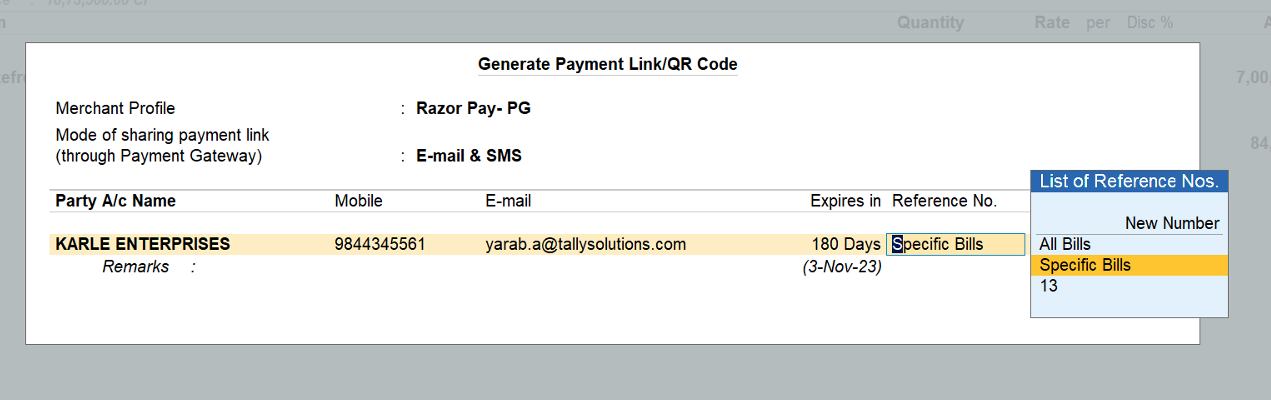 flexible bill selection for payment link generation in tallyprime