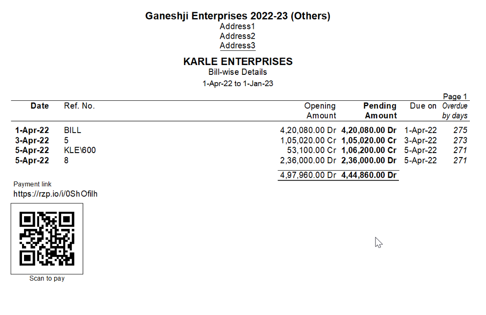 payment code and link on reports in tallyprime