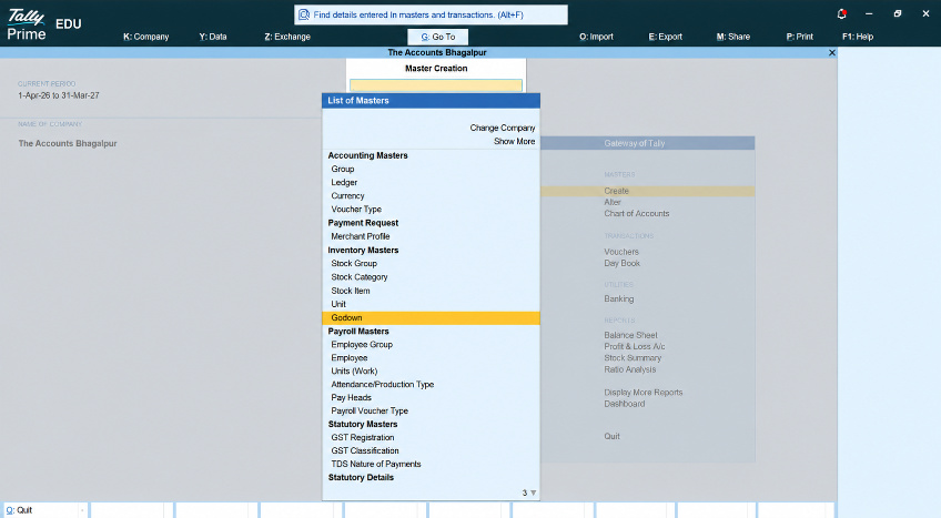 Create godown in TallyPrime