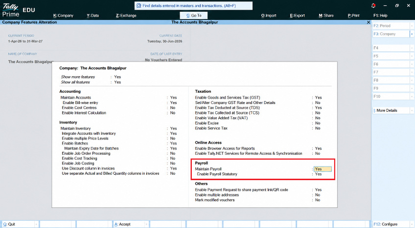 Enable Payroll in TallyPrime