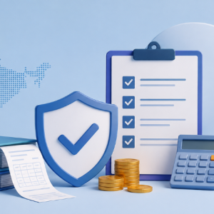 GST compliance illustration with shield, checklist, calculator, coins, and map of India